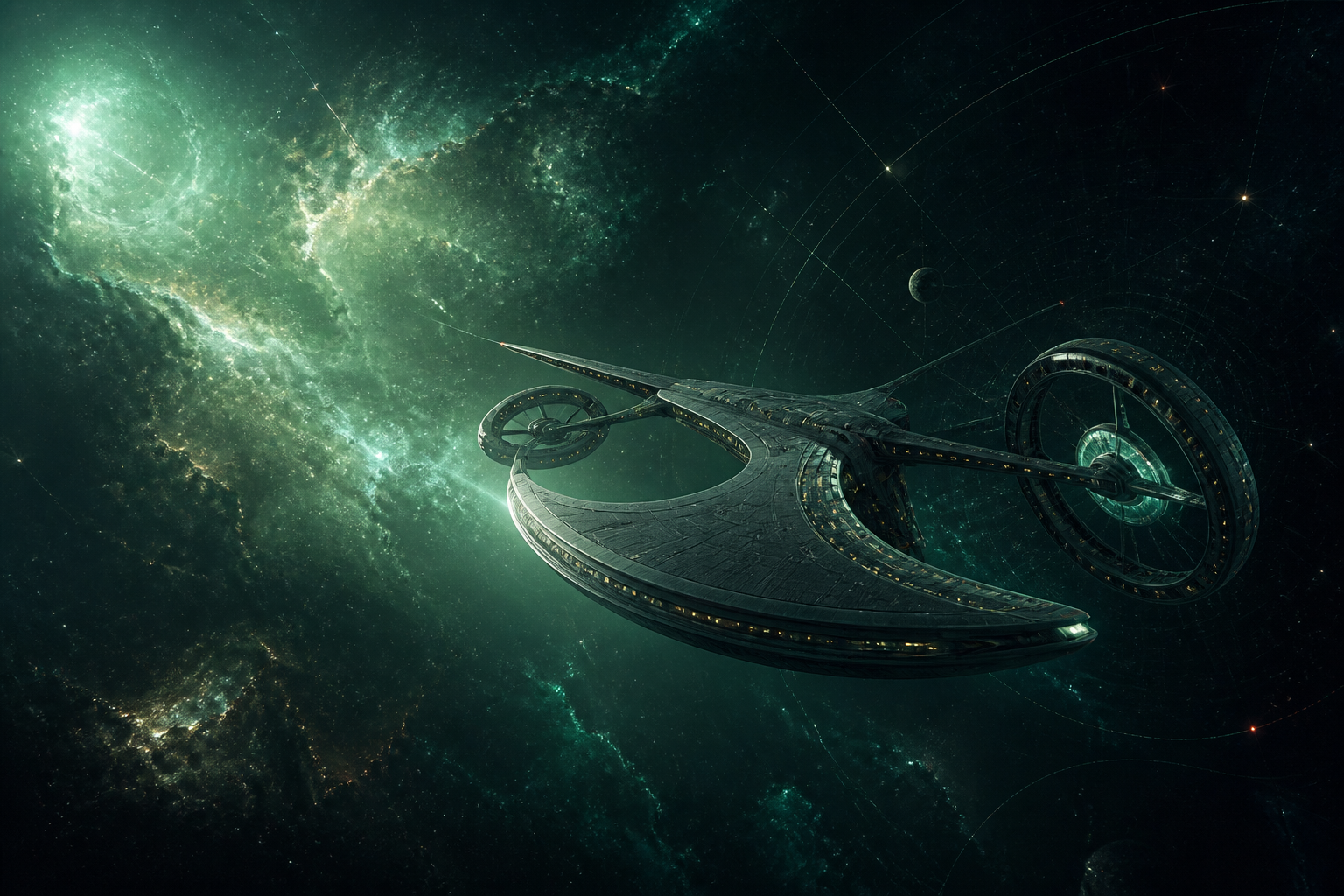 An original deep-space exploration vessel travelling through a green nebula